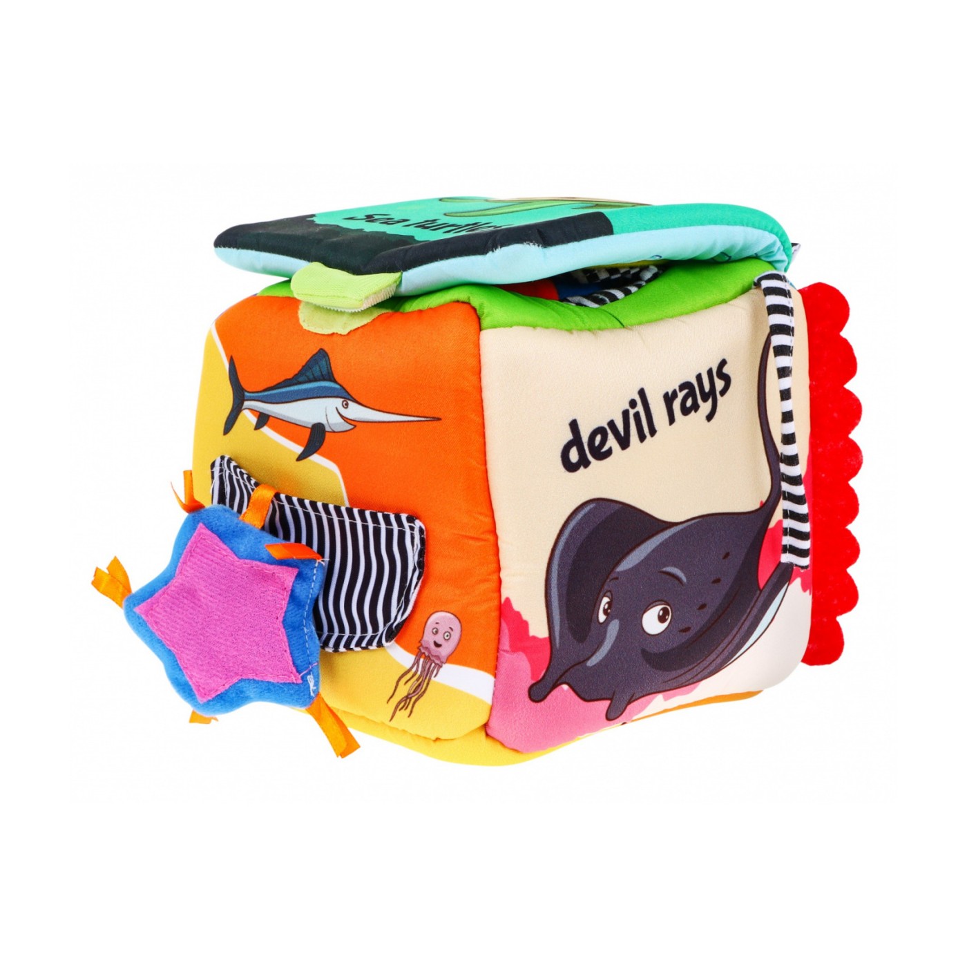 Senzorická kocka "Morský svet" pre deti 18m+ Materiálová hračka + Zvončeky