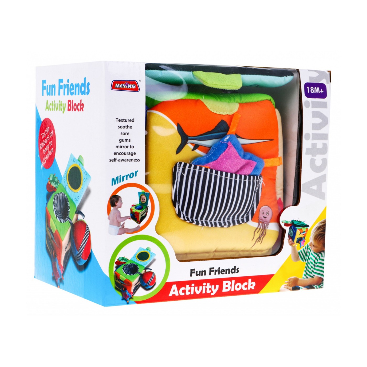 Senzorická kocka "Morský svet" pre deti 18m+ Materiálová hračka + Zvončeky