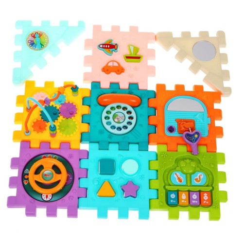 Multidomček senzorický pre deti 18m+ Mini hry 9 Puzzle + Sortéry + Prepletanie + Hodiny