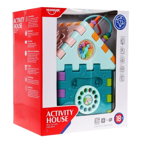 Multidomček senzorický pre deti 18m+ Mini hry 9 Puzzle + Sortéry + Prepletanie + Hodiny