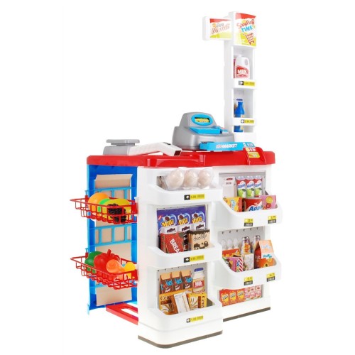 Supermarket pre deti 3+ Červený Hra v obchode 24 ks. Vozík + Tovar + Interaktívny skener