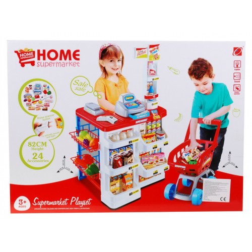 Supermarket pre deti 3+ Červený Hra v obchode 24 ks. Vozík + Tovar + Interaktívny skener