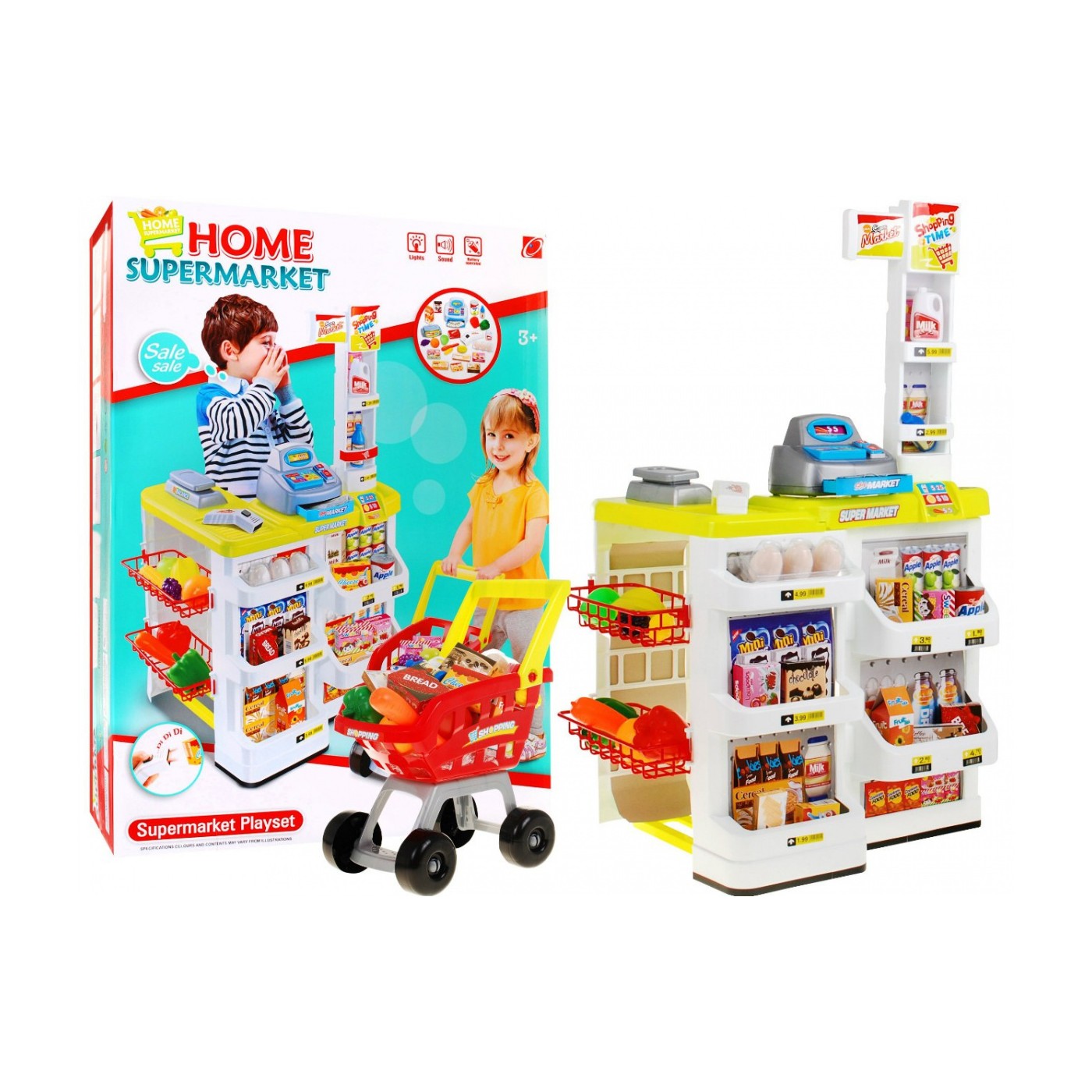 Supermarket pre deti 3+ Tyrkysový Hra v obchode 24 ks. Vozík + Tovar + Interaktívny skener