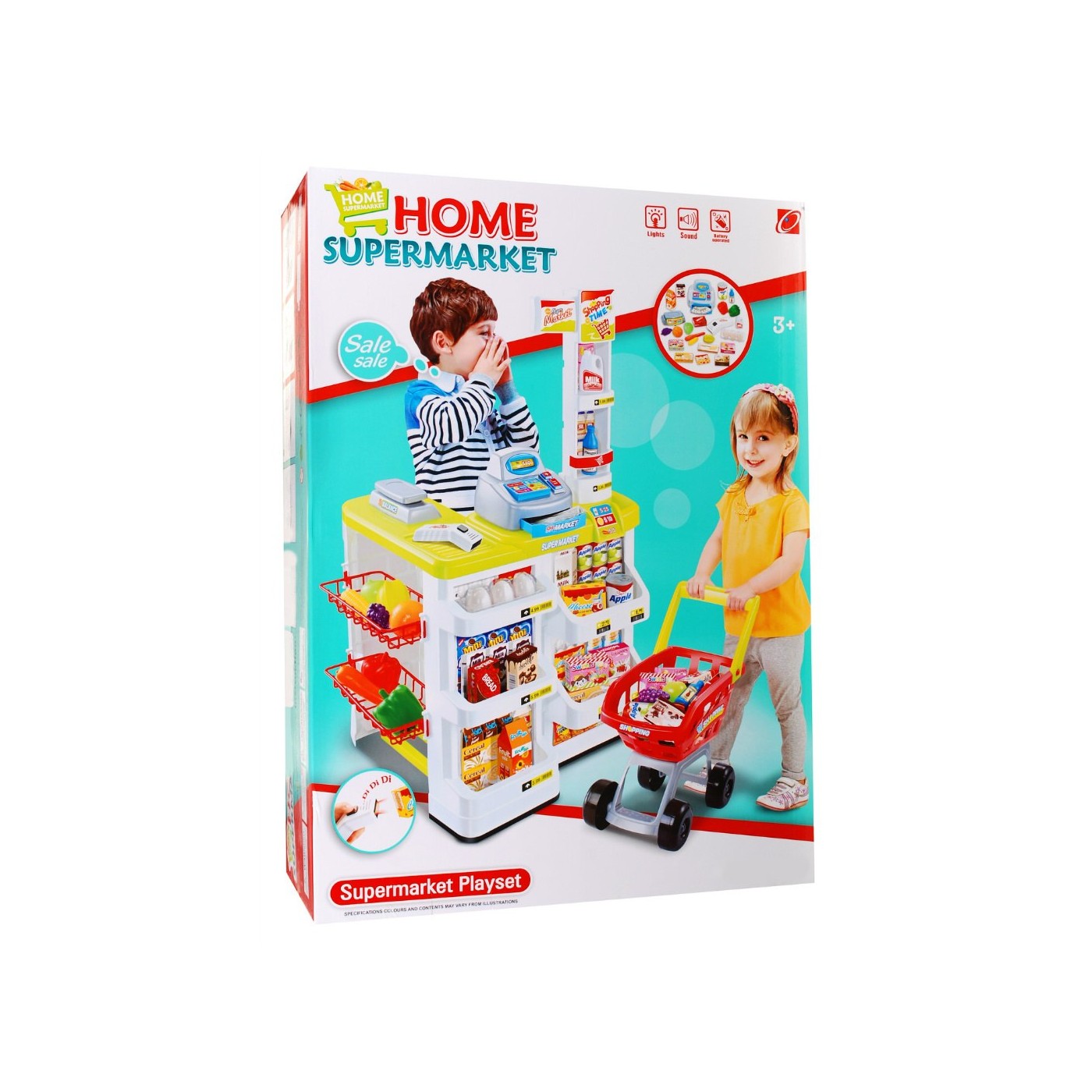 Supermarket pre deti 3+ Tyrkysový Hra v obchode 24 ks. Vozík + Tovar + Interaktívny skener