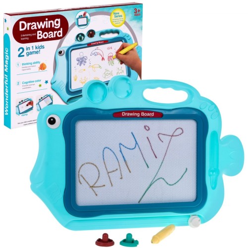 Kresliaca tabuľa Rybka pre deti 3+ Modrá + Farebné kresby + 2 Pečiatky