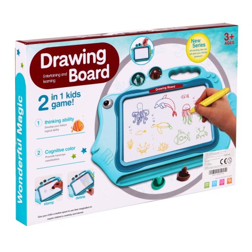 Kresliaca tabuľa Rybka pre deti 3+ Modrá + Farebné kresby + 2 Pečiatky