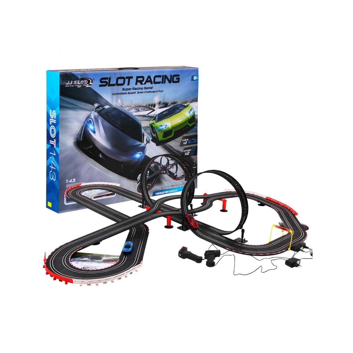10-metrová pretekárska dráha pre deti 6+ Ovládače + 2 autíčka 1:43 + Svieti + 2 slučky 360