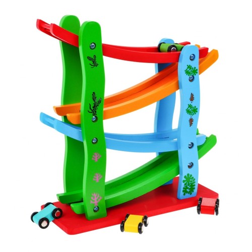 Drevená dráha pre autíčka pre deti 3+ Farebná šmýkačka 4 poschodia