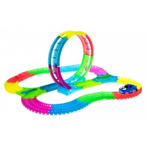 Svietiaca v tme pretekárska dráha pre deti 3+ Autíčko LED + Slučka 360 + Konštrukcia 132 ks.