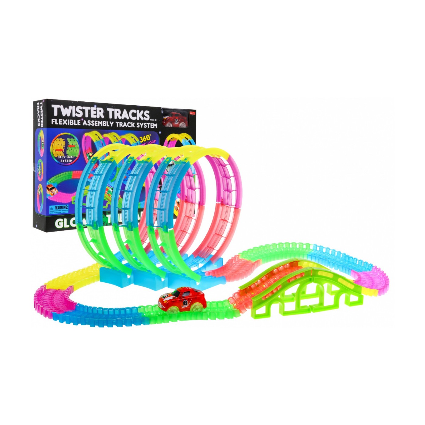 Svietiaca v tme prekekárska dráha pre deti 3+ Autíčko LED + 3 slučky 360 + Konštrukcia 145 ks.