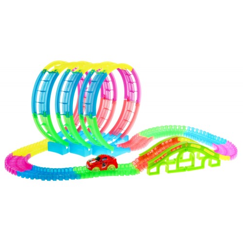 Svietiaca v tme prekekárska dráha pre deti 3+ Autíčko LED + 3 slučky 360 + Konštrukcia 145 ks.