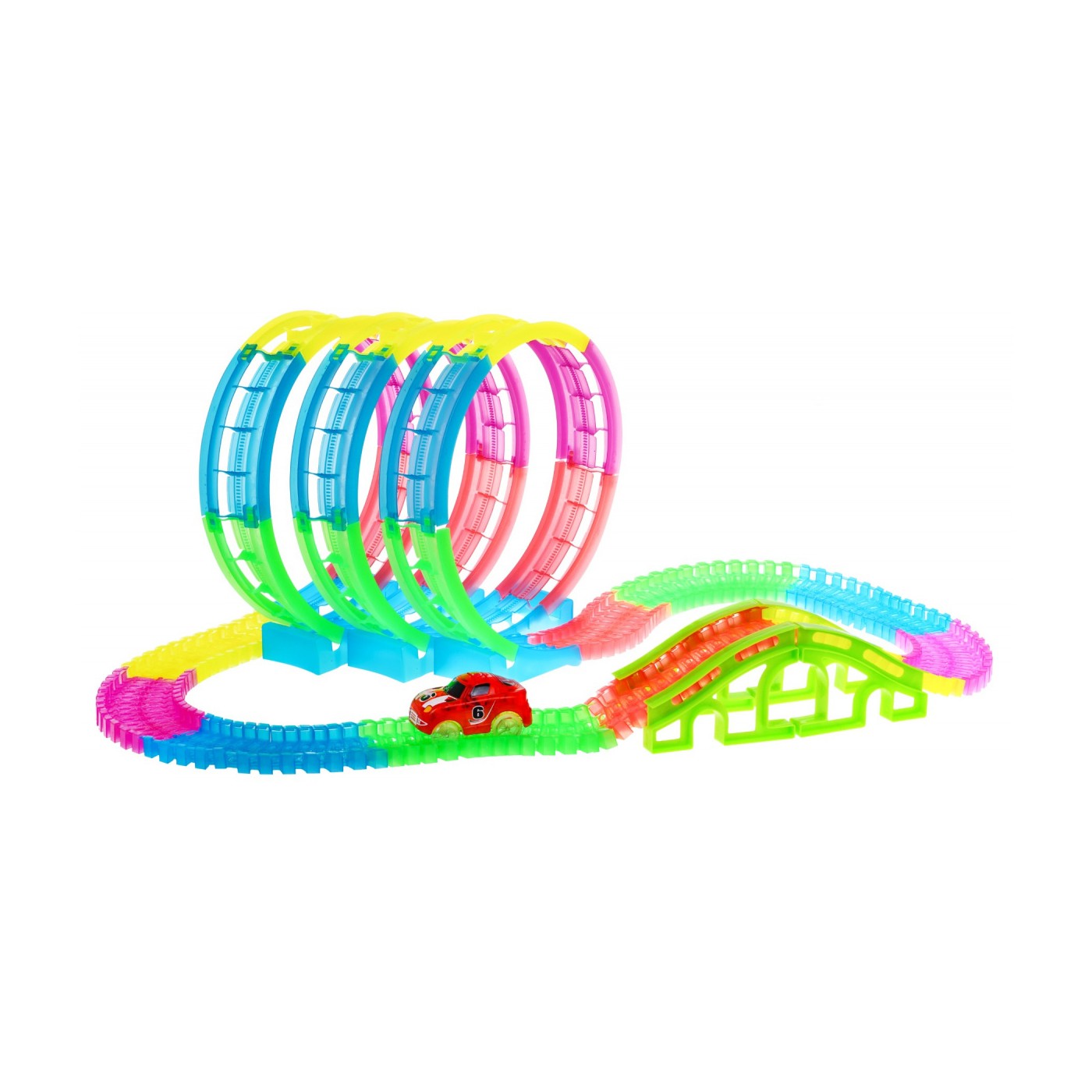 Svietiaca v tme prekekárska dráha pre deti 3+ Autíčko LED + 3 slučky 360 + Konštrukcia 145 ks.