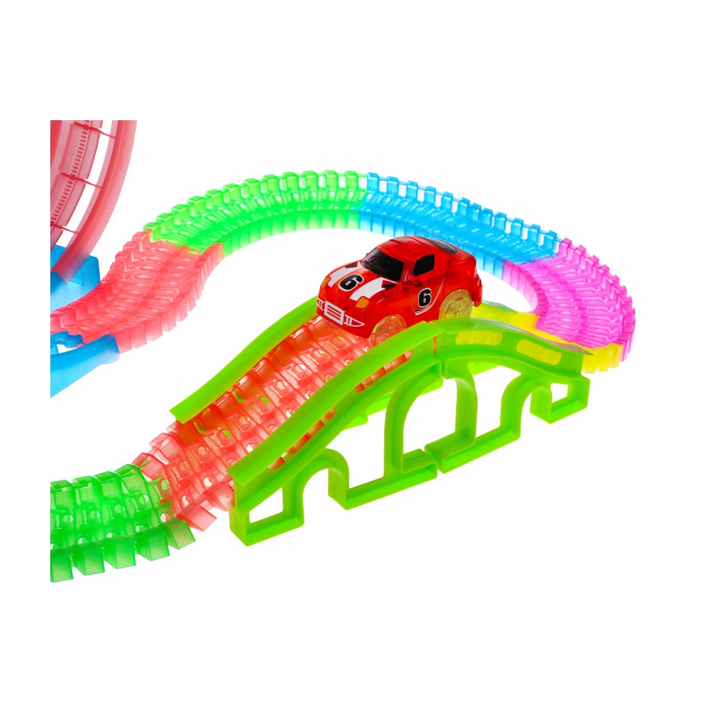Svietiaca v tme prekekárska dráha pre deti 3+ Autíčko LED + 3 slučky 360 + Konštrukcia 145 ks.
