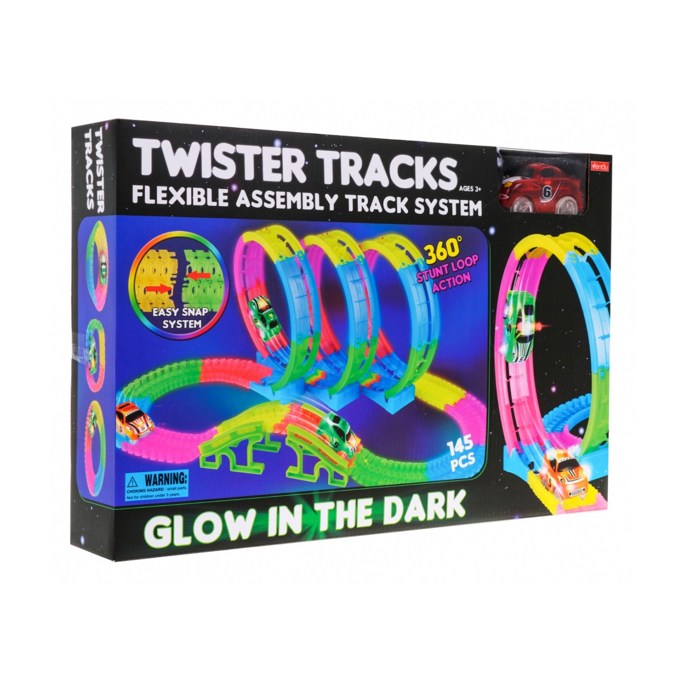 Svietiaca v tme prekekárska dráha pre deti 3+ Autíčko LED + 3 slučky 360 + Konštrukcia 145 ks.