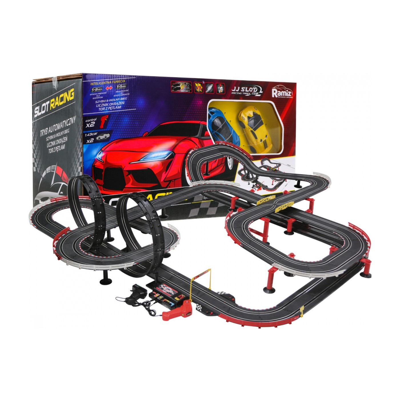 14-metrová prekekárska dráha pre deti 3-8 rokov, funkcia zmeny rýchlosti + 2 autíčka + 2 slučky 360