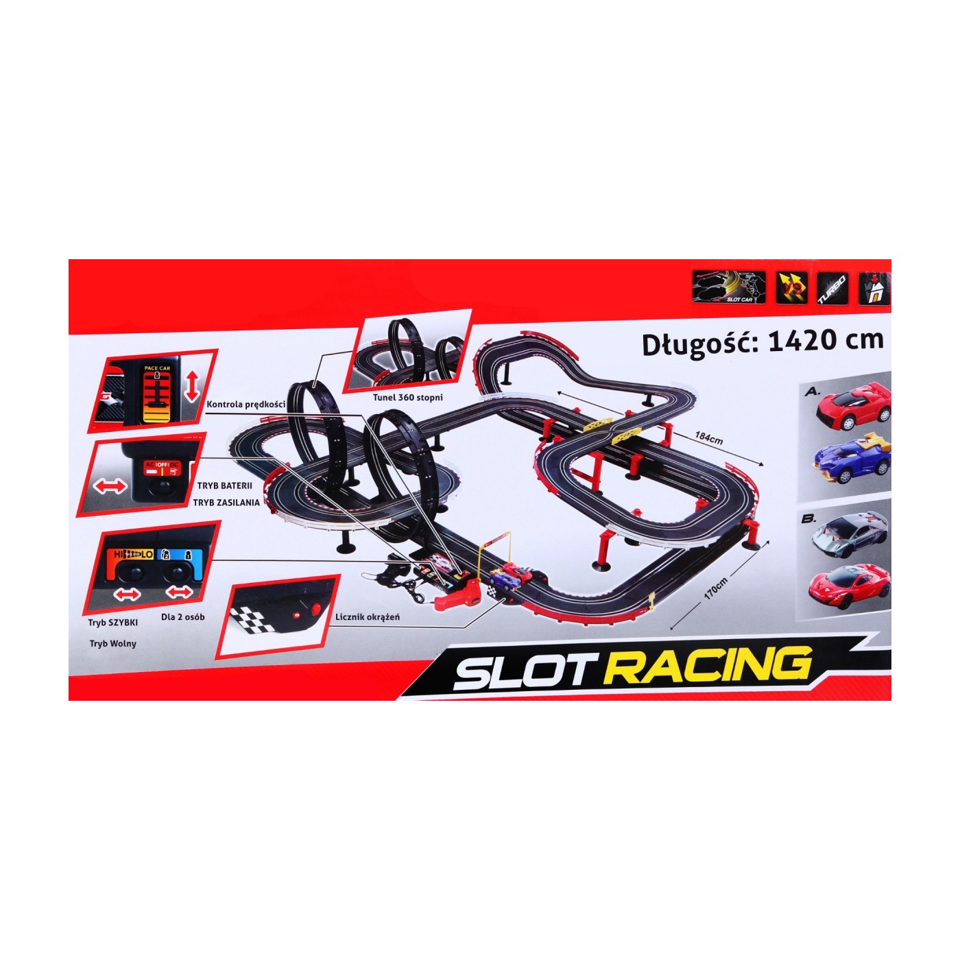 14-metrová prekekárska dráha pre deti 3-8 rokov, funkcia zmeny rýchlosti + 2 autíčka + 2 slučky 360