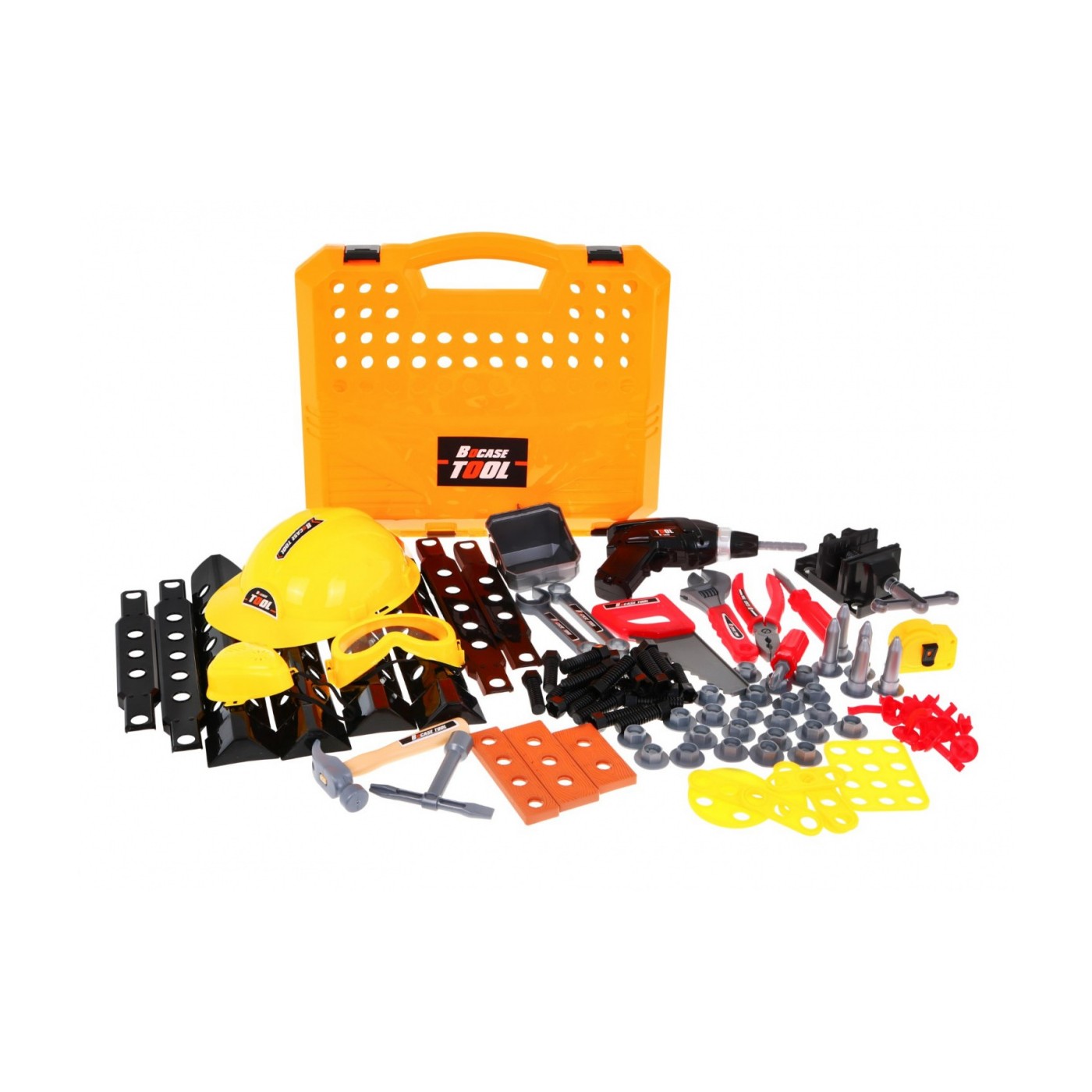 Sada majstra 3v1 pre deti 3+ Dielňa 100 ks Kufor + Stolík + Oblek stavbára