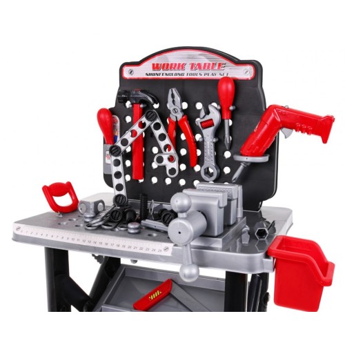 Veľká dielňa s náradím pre deti 3+ Elektrický skrutkovač + Stolík s tabuľou na náradie 50+ ks
