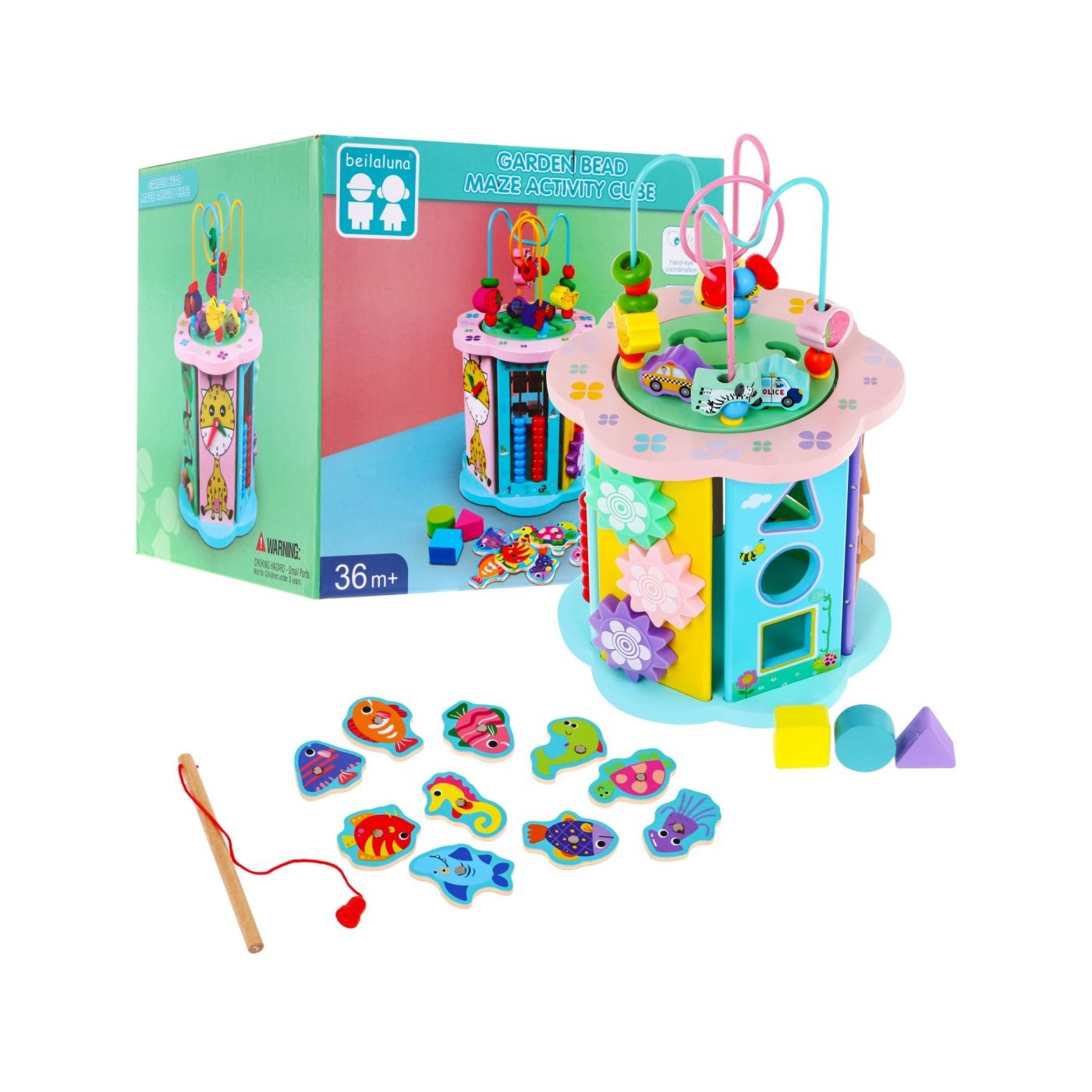 Drevená Senzorická kocka 8v1 pre deti 3+ Triedič Čítačka Hodiny Rybárčenie Labyrinty Ozubené kolesá Preplétanie