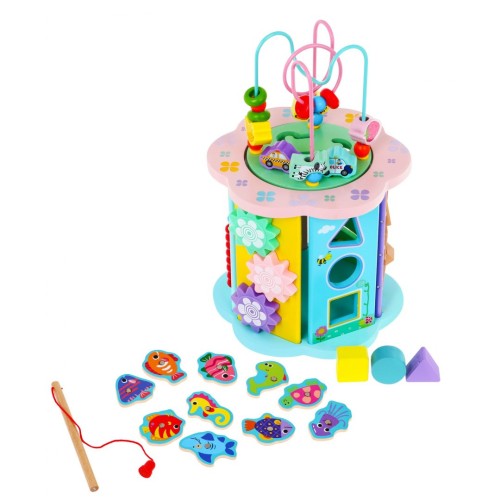 Drevená Senzorická kocka 8v1 pre deti 3+ Triedič Čítačka Hodiny Rybárčenie Labyrinty Ozubené kolesá Preplétanie