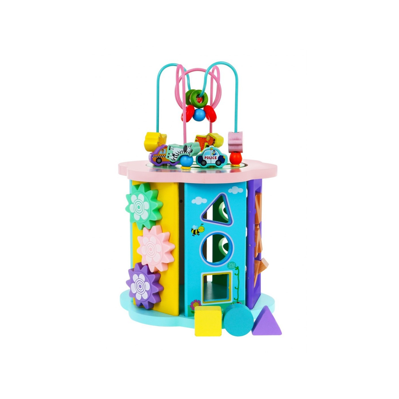 Drevená Senzorická kocka 8v1 pre deti 3+ Triedič Čítačka Hodiny Rybárčenie Labyrinty Ozubené kolesá Preplétanie