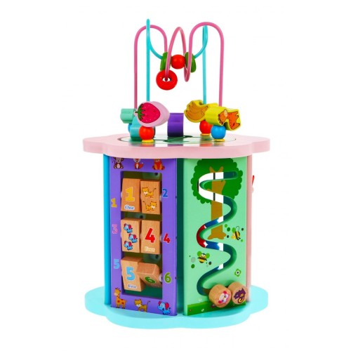 Drevená Senzorická kocka 8v1 pre deti 3+ Triedič Čítačka Hodiny Rybárčenie Labyrinty Ozubené kolesá Preplétanie