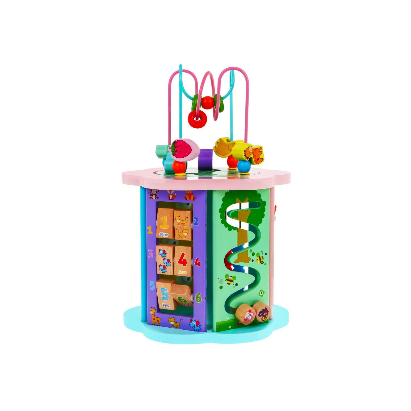 Drevená Senzorická kocka 8v1 pre deti 3+ Triedič Čítačka Hodiny Rybárčenie Labyrinty Ozubené kolesá Preplétanie