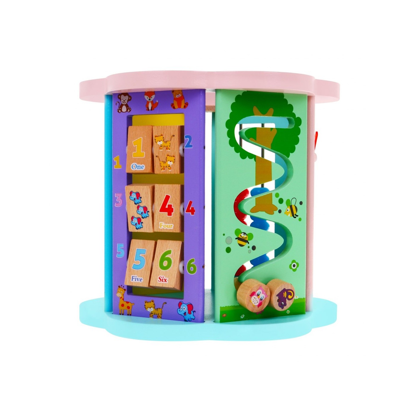 Drevená Senzorická kocka 8v1 pre deti 3+ Triedič Čítačka Hodiny Rybárčenie Labyrinty Ozubené kolesá Preplétanie