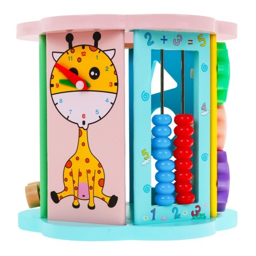 Drevená Senzorická kocka 8v1 pre deti 3+ Triedič Čítačka Hodiny Rybárčenie Labyrinty Ozubené kolesá Preplétanie