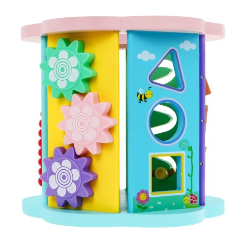 Drevená Senzorická kocka 8v1 pre deti 3+ Triedič Čítačka Hodiny Rybárčenie Labyrinty Ozubené kolesá Preplétanie