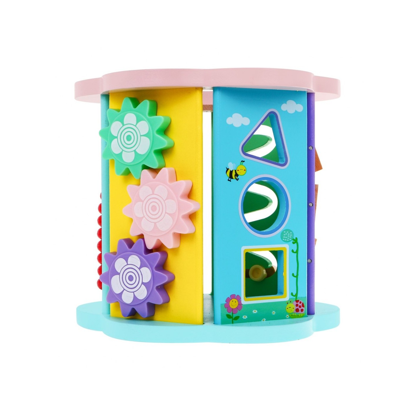 Drevená Senzorická kocka 8v1 pre deti 3+ Triedič Čítačka Hodiny Rybárčenie Labyrinty Ozubené kolesá Preplétanie