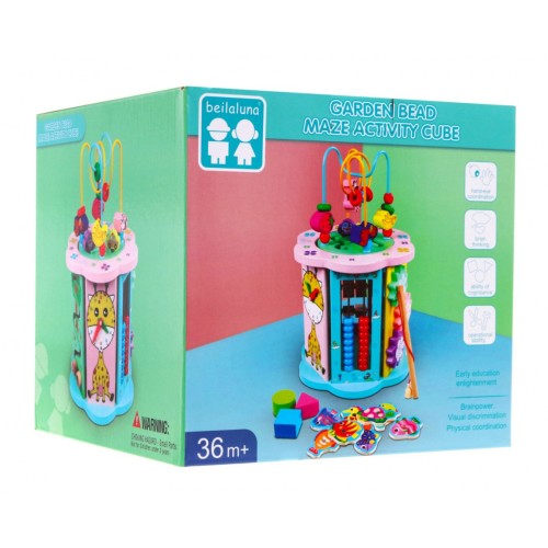 Drevená Senzorická kocka 8v1 pre deti 3+ Triedič Čítačka Hodiny Rybárčenie Labyrinty Ozubené kolesá Preplétanie