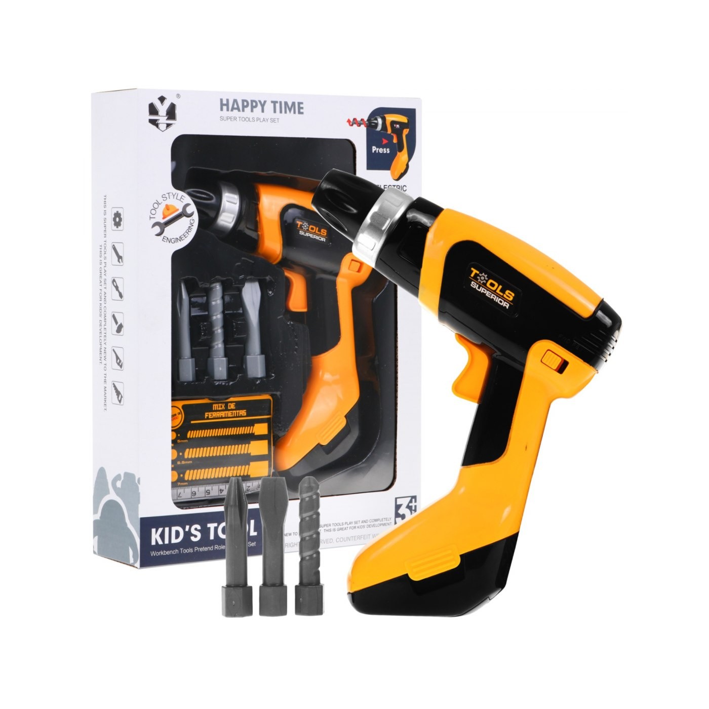 Elektrický Skrutkovač pre deti 3+ Zvuky + Otočné vŕtanie + 3 vymeniteľné koncovky