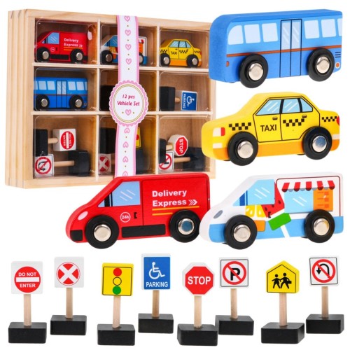 Súprava 4 Drevených Vozidiel Znaky