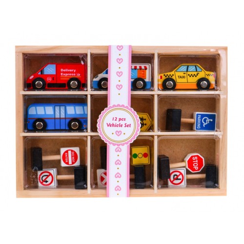 Súprava 4 Drevených Vozidiel Znaky
