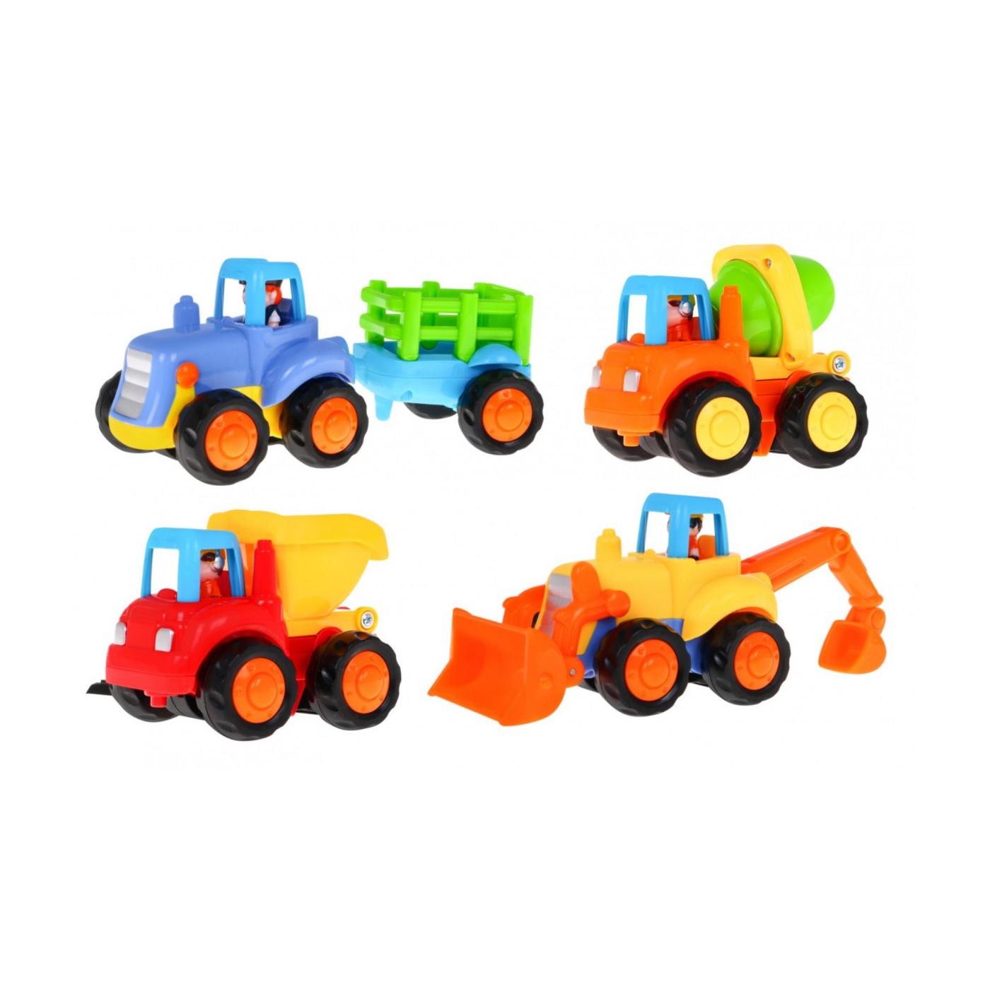 Súprava 4 vozidiel pre deti 18m+ Traktor Domiešavač betónu Bager Nakladač + Pohyblivé časti + Ručný pohon