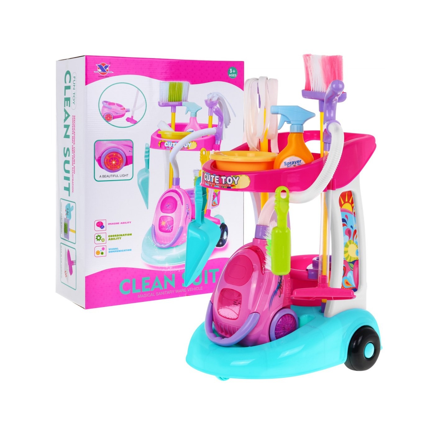 Veľký Upratovací vozík pre deti 3+ Interaktívny vysávač + Mop Metla Lopatka + Príslušenstvo 10 ks.
