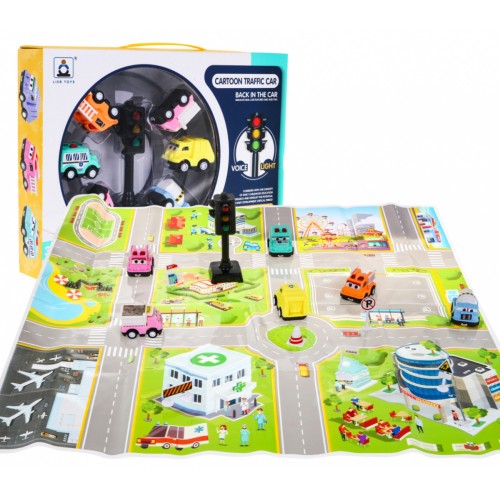 Súprava 6 autíčok s podložkou pre deti 3+ Interaktívny svetelný signál + Podložka-vyobrazenie mesta