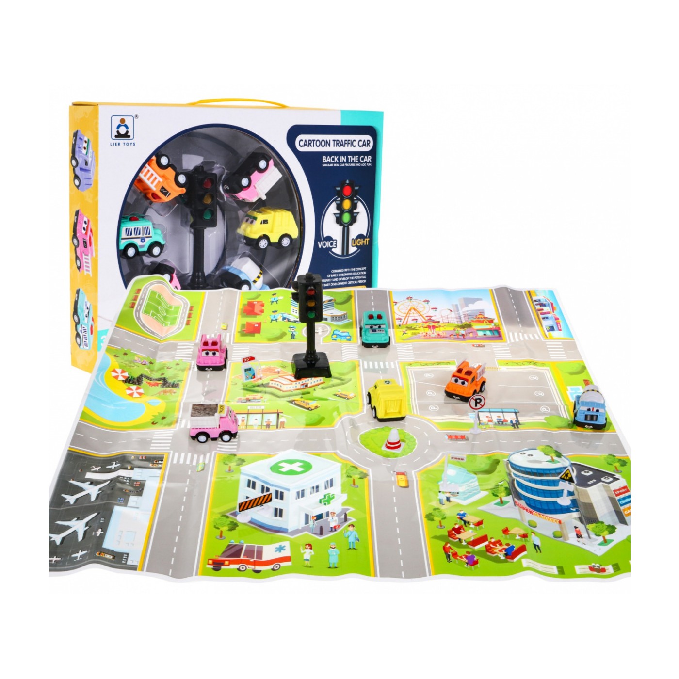 Súprava 6 autíčok s podložkou pre deti 3+ Interaktívny svetelný signál + Podložka-vyobrazenie mesta