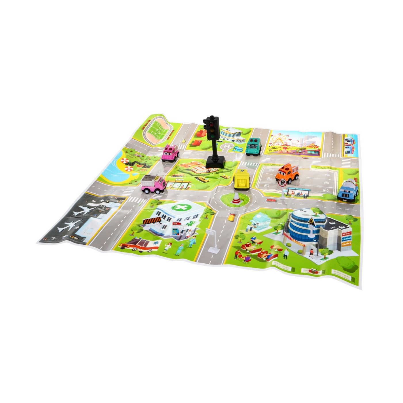 Súprava 6 autíčok s podložkou pre deti 3+ Interaktívny svetelný signál + Podložka-vyobrazenie mesta