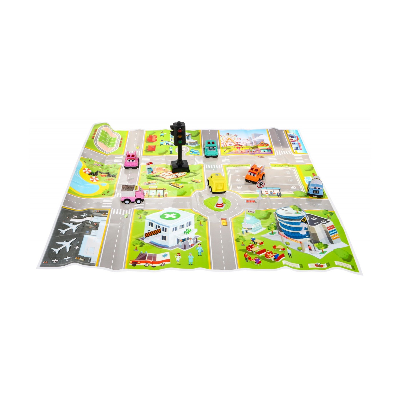Súprava 6 autíčok s podložkou pre deti 3+ Interaktívny svetelný signál + Podložka-vyobrazenie mesta
