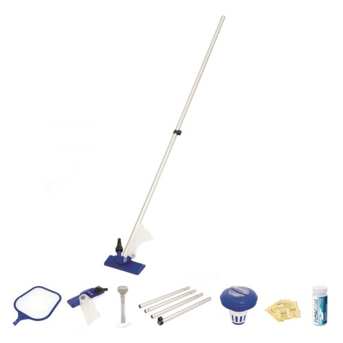 Súprava 7v1 na čistenie a konzerváciu bazéna BESTWAY + Vysávač + Sitko + Tyč + Plavák + Teplomer + Prúžky + Náplaste