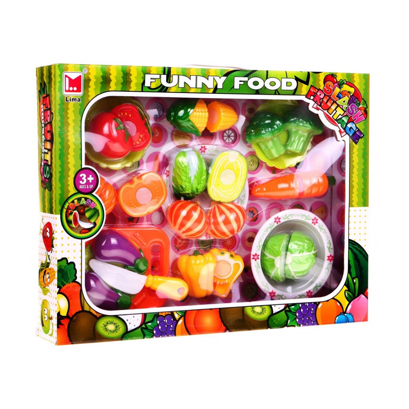 Súprava 10 druhov zeleniny na krájanie pre deti 3+ Malý kuchár + Doska + Nôž + 3 tanieriky