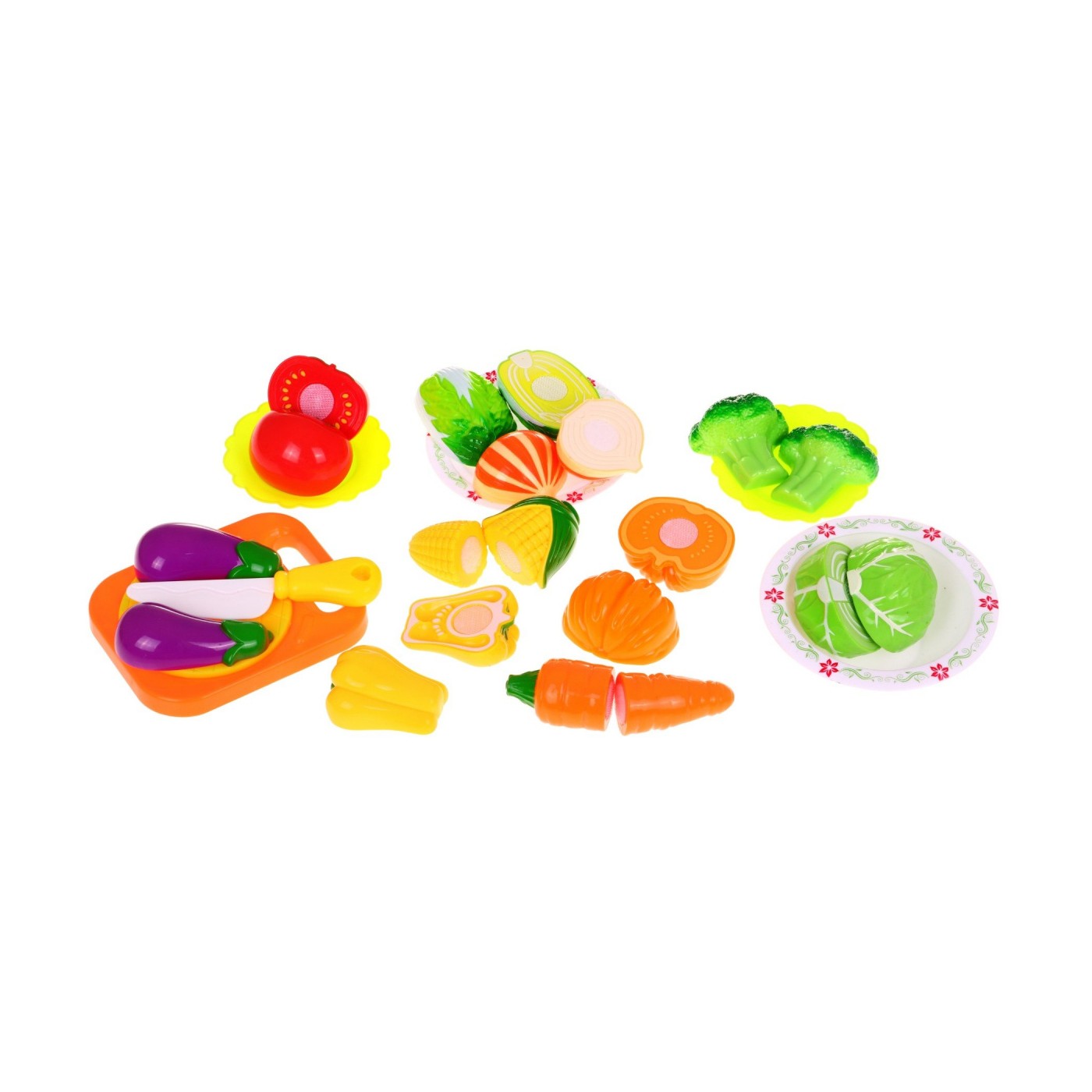Súprava 10 druhov zeleniny na krájanie pre deti 3+ Malý kuchár + Doska + Nôž + 3 tanieriky