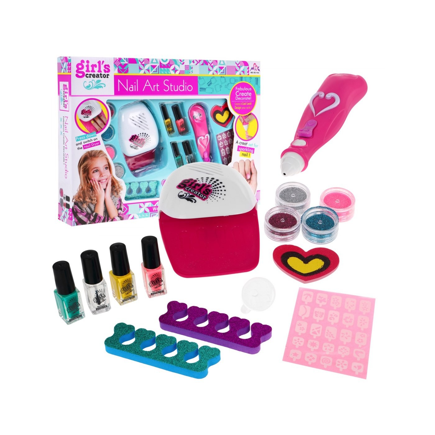 Súprava na nechty pre deti 5+ Stroj na trblietky + Sušička + Príslušenstvo