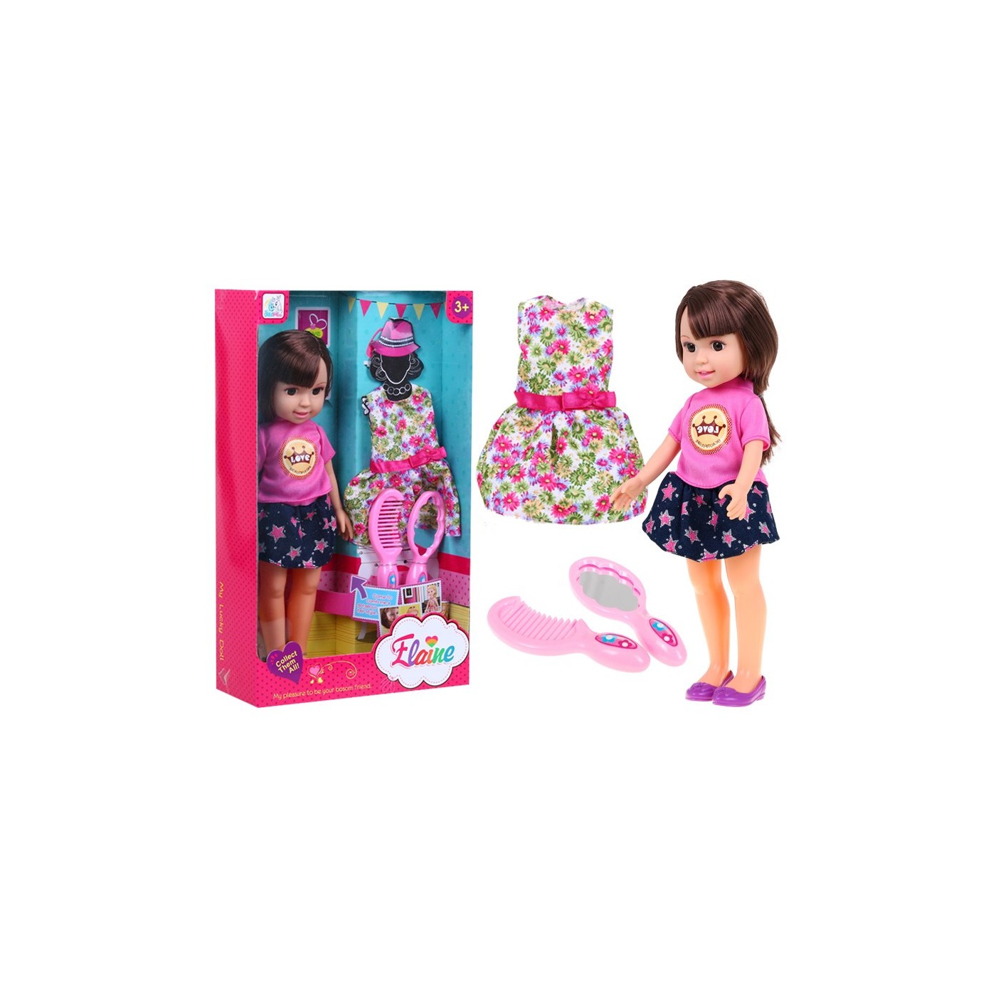 Veľká Bábika na stajlovanie pre deti 3+ brunetka + 2 Oblečenia + Hrebeň + Zrkadlo