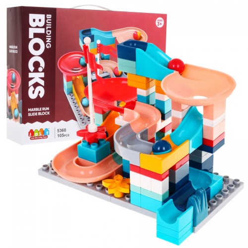 Stavebnicové kocky na dráhu pre guličky pre deti 3+ šmýkačky kopce lieviky + Základňa + Príslušenstvo 105 ks.