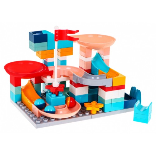 Stavebnicové kocky na dráhu pre guličky pre deti 3+ šmýkačky kopce lieviky + Základňa + Príslušenstvo 105 ks.