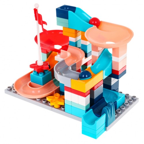 Stavebnicové kocky na dráhu pre guličky pre deti 3+ šmýkačky kopce lieviky + Základňa + Príslušenstvo 105 ks.