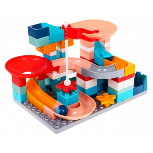 Stavebnicové kocky na dráhu pre guličky pre deti 3+ šmýkačky kopce lieviky + Základňa + Príslušenstvo 105 ks.